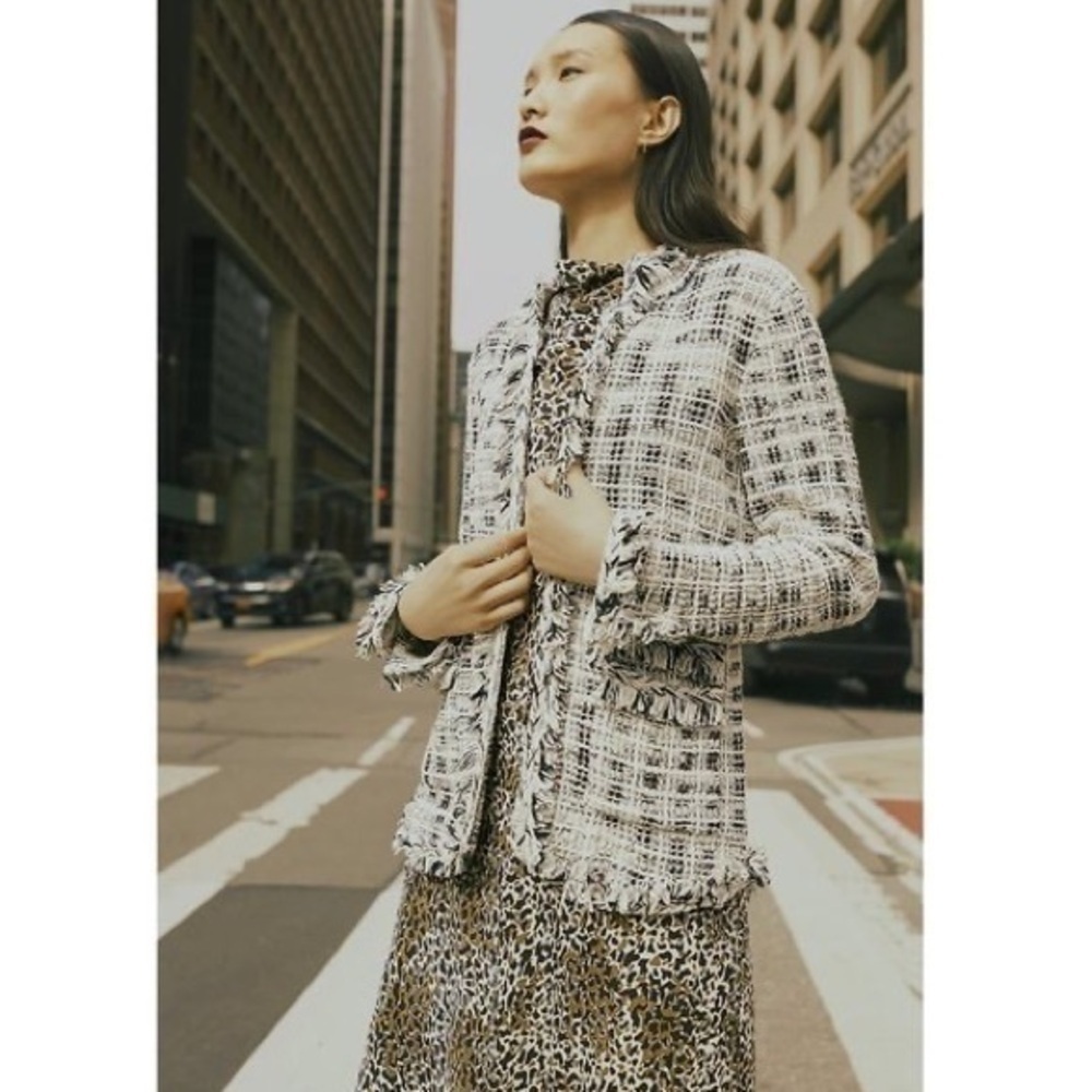 Nic + Zoe White & Black Tweed Fringe Trim Blazer Jacket